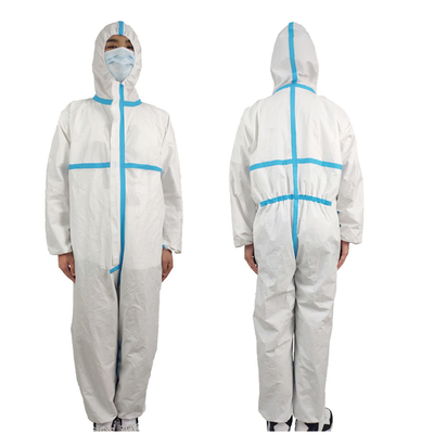 白いジャンプスーツの医学の保護つなぎ服の通気性の使い捨て可能な化学抵抗力があるスーツのフード